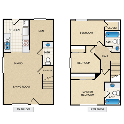Floor plan for 3 beds, 2.5 baths, 1280 sqft